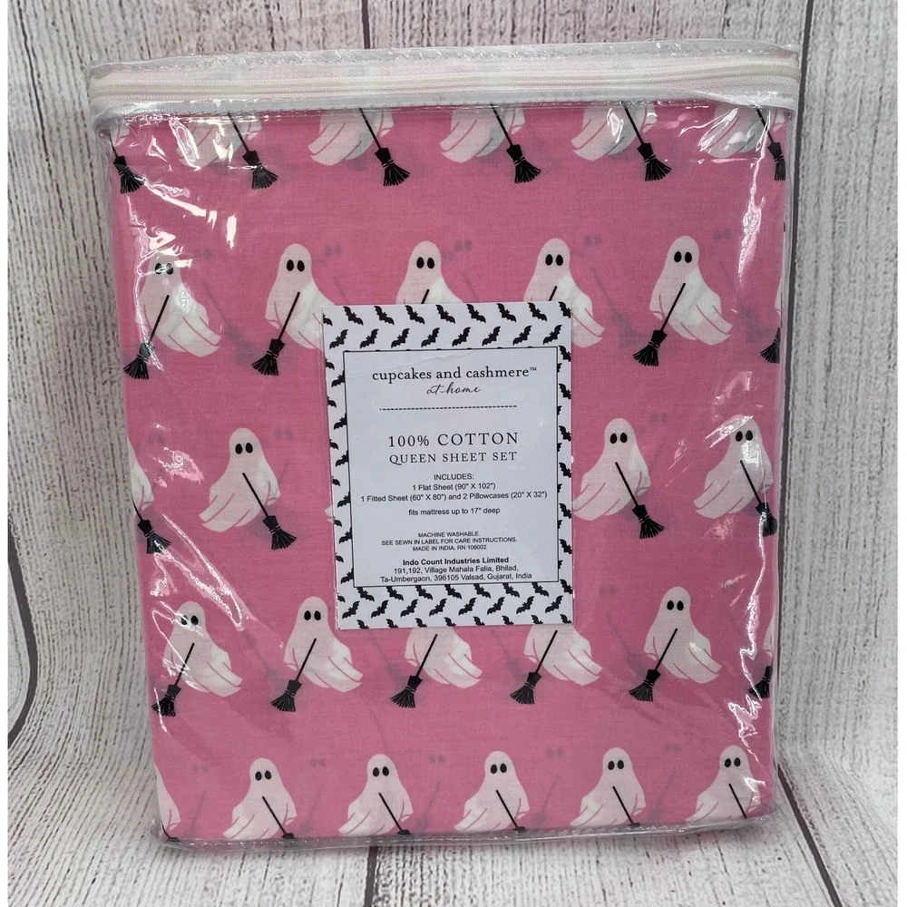 Cupcakes and Cashmere Sheet Set QUEEN Pink Ghost Halloween 100% Cotton Whimsical